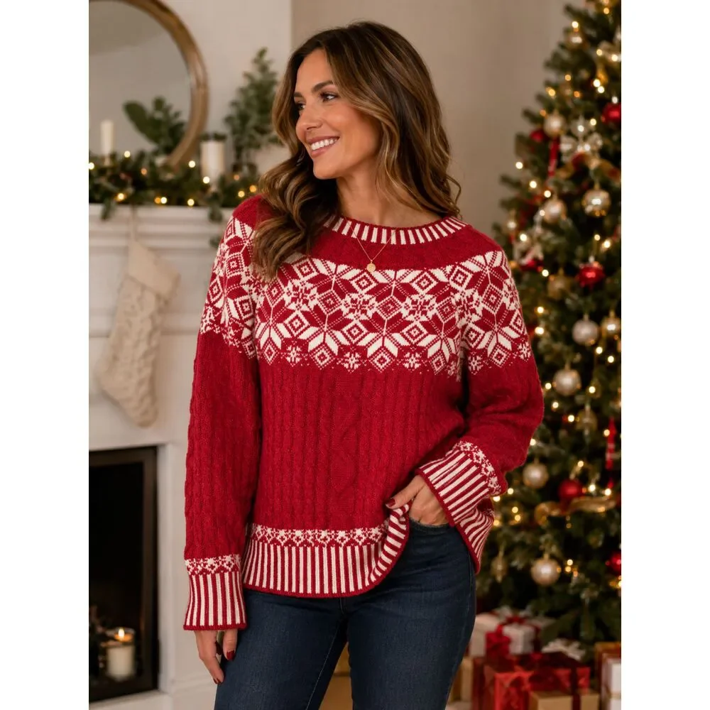 NWT St. John's Bay Red Fair Isle Cable Knit Holiday Sweater Women's L Winter